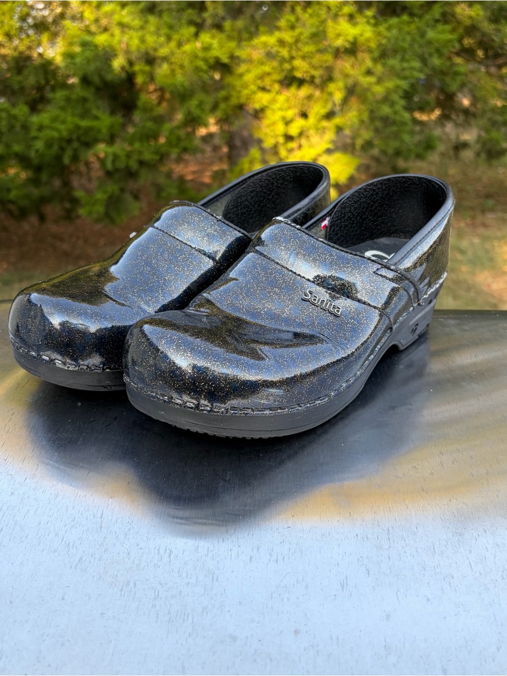 Sanita Professional Black Multicolor Glitter Patent Leather Danish Clogs Sz 40